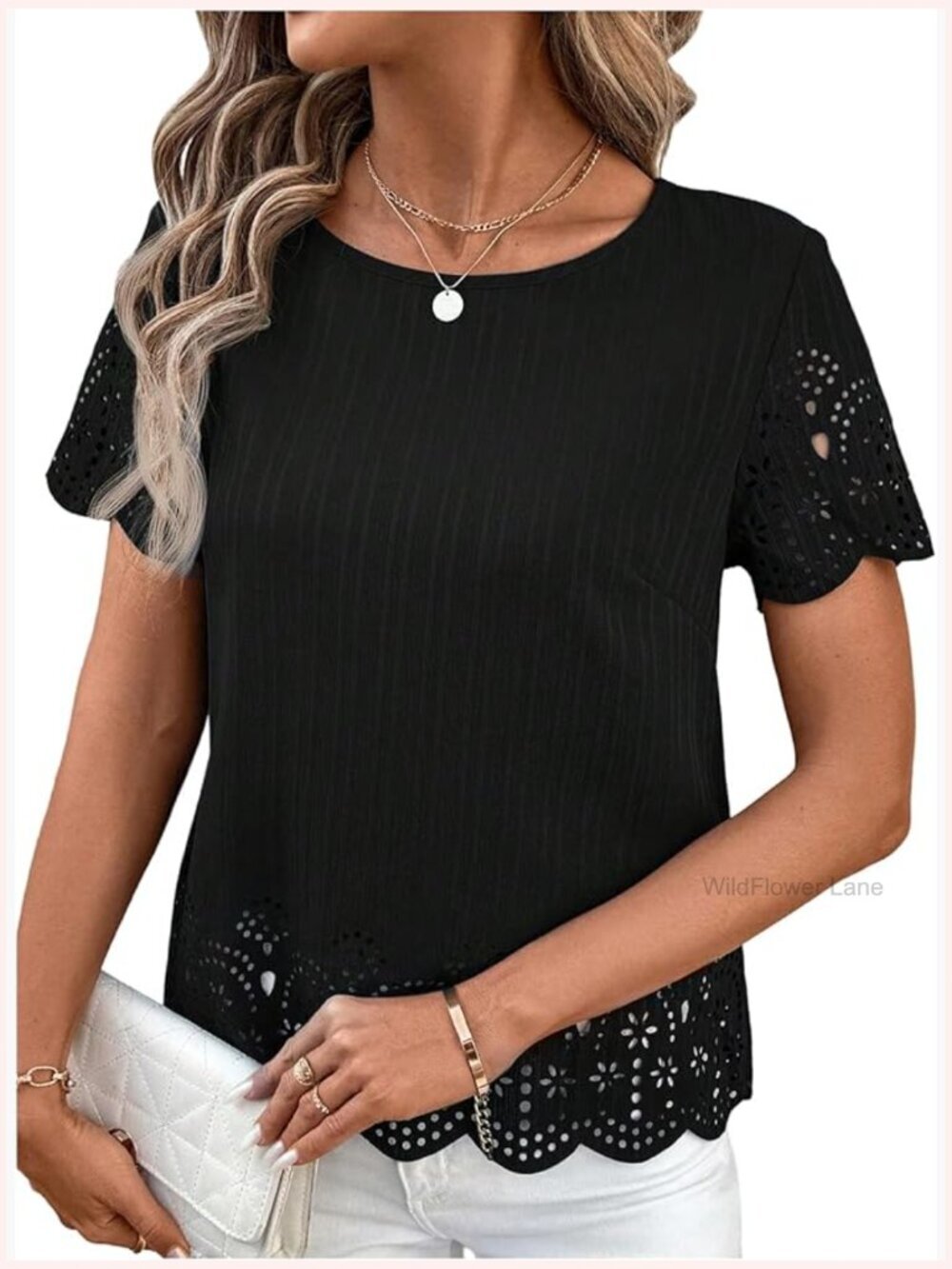 Crew Neck Cut Out Eyelet Short Sleeve T-Shirt Blouse Top